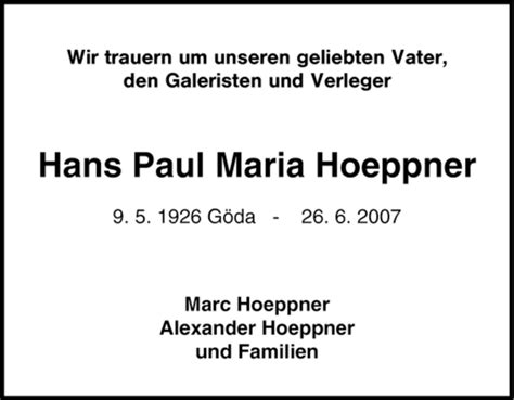 Trauer Und Todesanzeigen Von Hans Paul Maria Hoeppner Trauer De