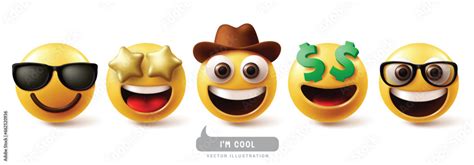 Emoji Cool Emoticon Characters Vector Set Emojis Emoticons Facial Expression In Happy Smiling