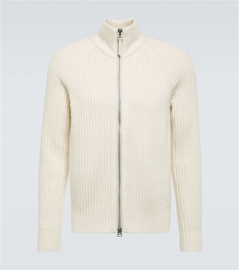 Ribbed Knit Wool And Cashmere Cardigan In White Tom Ford Mytheresa