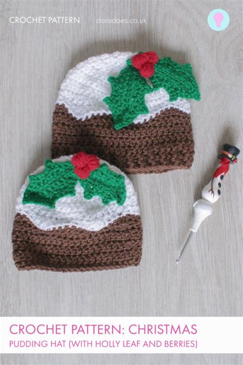 Doras Crochet Christmas Pudding Beanie Hat With Holly Berries Dora