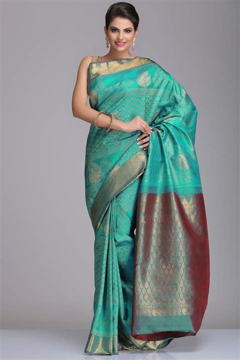 Turquoise Blue Kanjivaram Pure Silk Saree With Green And Blue Dual