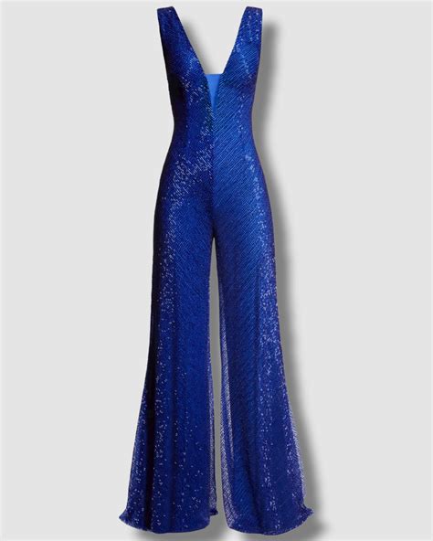 960 Jovani Womens Blue Beaded V Neck Sleeveless Wide Leg Jumpsuit