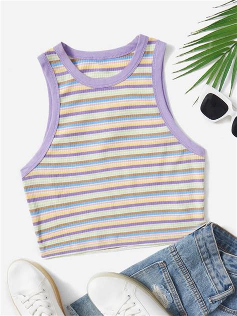 Shein Qutie Block Striped Contrast Binding Crop Tank Top Shein Usa