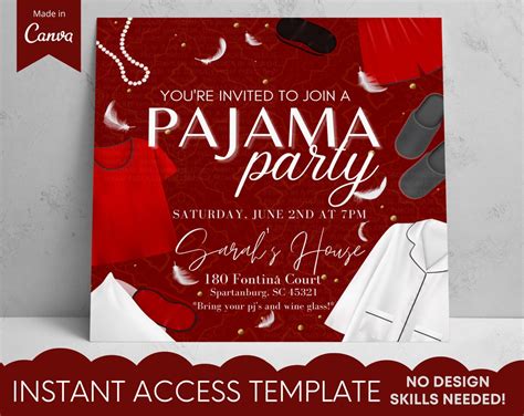 Adult Pajama Party Red Pearls Invitation Template Girls Night In