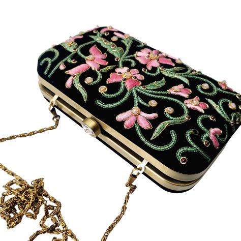 Hand Embroidered Black Evening Clutch Bag Pink Floral Hard Case Clutch