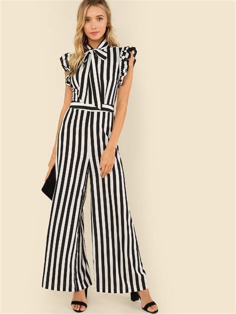 Shein Tie Neck Ruffle Armhole Striped Palazzo Jumpsuit Palazzo