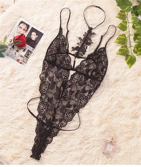 Sebowel Sexy Womens Black Rose Appliques Sheer Lace Teddies Bodysuits