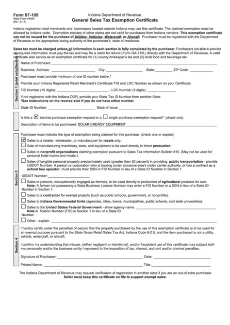 Indiana Sales Tax Exemption Form Fill In