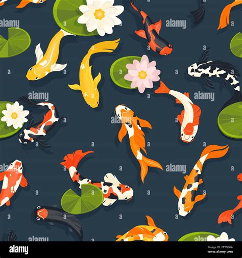 Koi Fish Pattern Seamless Print Of Chinese Koi Fish Swimming In Pond