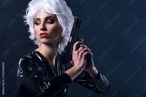 Beautiful Sexy Girl Holding Gun Smoke Background 스톡 사진 Adobe Stock