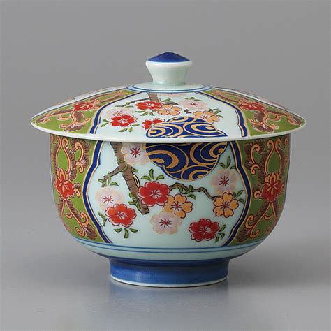 Japanese Chawanmushi ceramic tea bowl with lid, floral design - ARITA