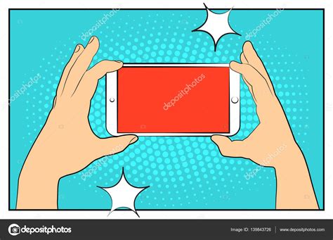 Comic Smartphone Phone With Halftone Shadows Hand Holding Smartphone