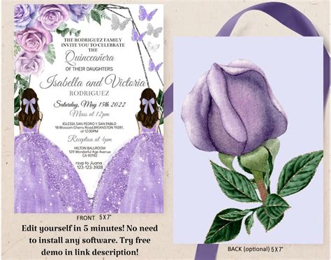 Quinceañera Twins Invitation Editable Template Purple Silver Etsy