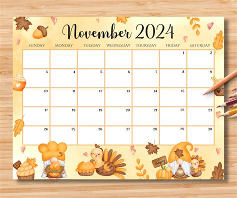 Calendario de noviembre de 2024 editable feliz día de acción de