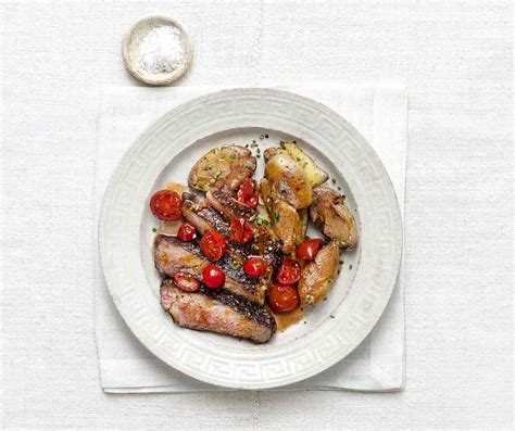 Rib Eye Steak With Tomato Vinaigrette And Smashed Potatoes Recipe Real Simple