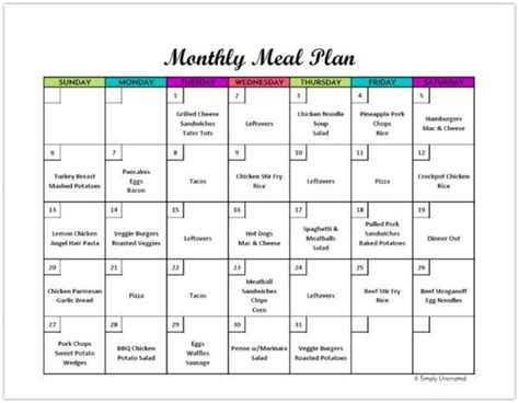 Blank Monthly Menu Template