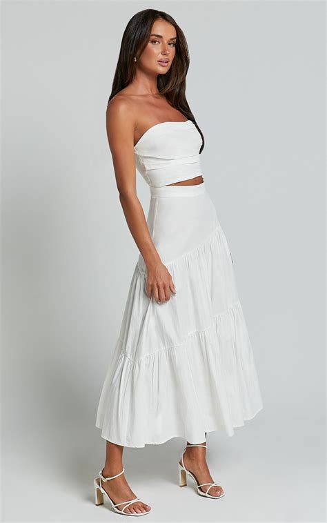 Schiffer Two Piece Set Strapless Top And Tiered Midi Skirt In White