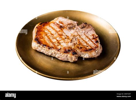 Bbq Fried Pork T Bone Chop Meat Steak On A Plate Isolated On White