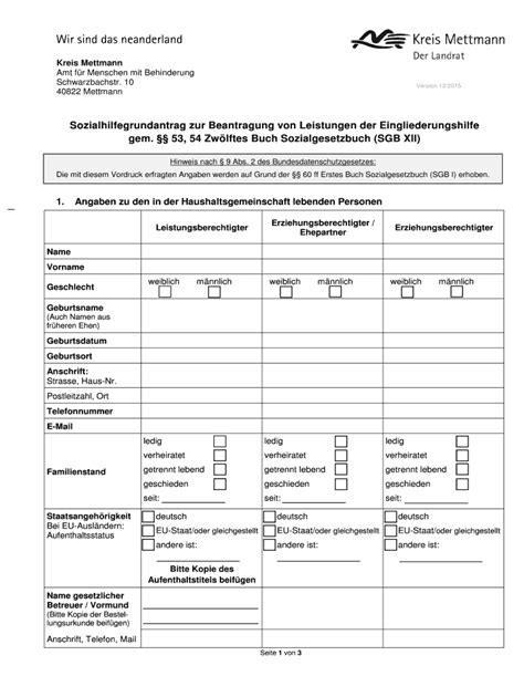 Ausfüllbar Online kreis mettmann Sozialhilfe Grundantrag