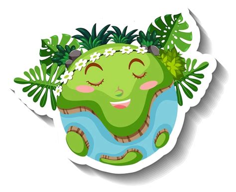 Planeta Tierra Con Cara Feliz Y Hoja Tropical Vector Gratis