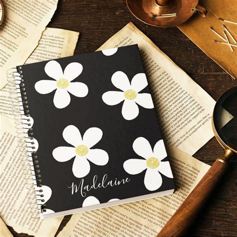 Black White Simple Daisy Pattern Gold School Notebook Zazzle In 2024