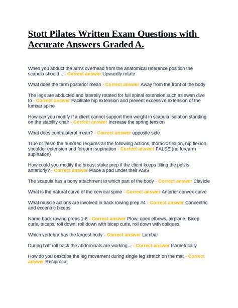 Stott Pilates Written Exam Questions With Accurate Answers Graded A