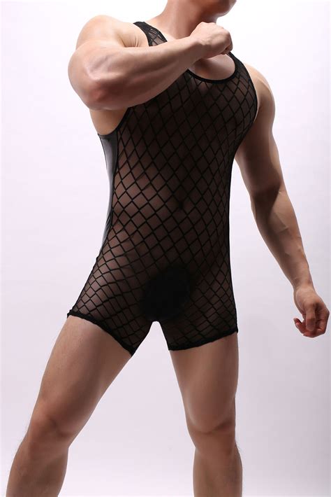 Mens Sexy Mesh Pu Boxer Leotard Nightwear Breathable Body Shaping