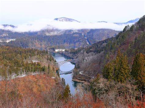 Tadami River Bridge Viewpoint At Kawai Mishima Onuma District Stock