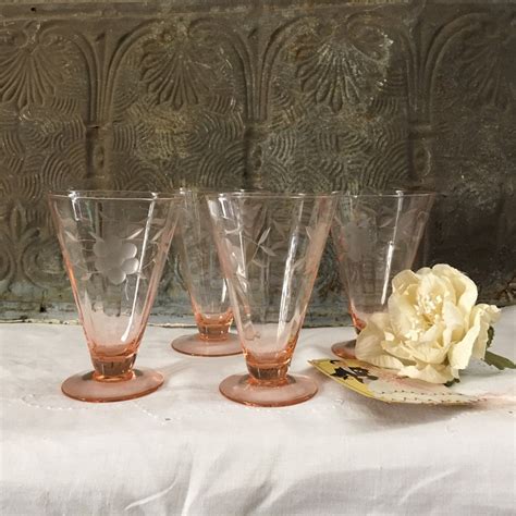 Elegant Etched Vintage Pink Depression Glass Footed Glasses Etsy