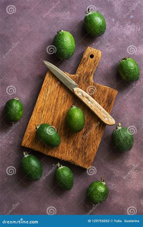 Fresh Feijoa Fruits On A Cutting Board Dark Rustic Background Top