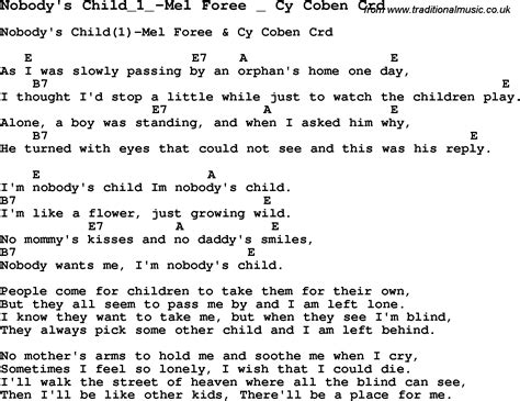 Skiffle Lyrics for: Nobody's Child 1-Mel Foree Cy Coben with chords for ...