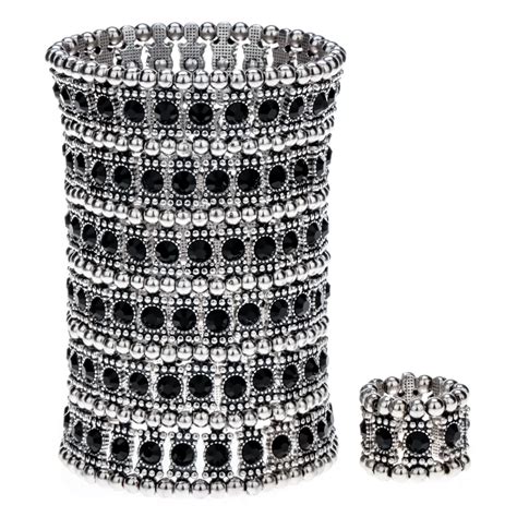 Multilayer Stretch Cuff Bracelet Ring Sets Wedding Bridal Crystal