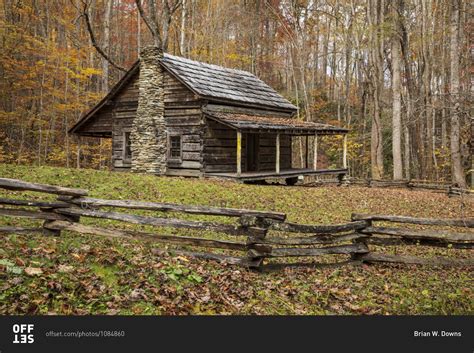 Old wooden cabin in an autumn forest in Great Smoky Mountains National ...