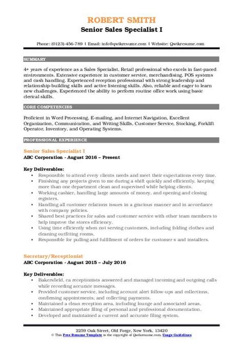 Sales Specialist Resume Samples Qwikresume