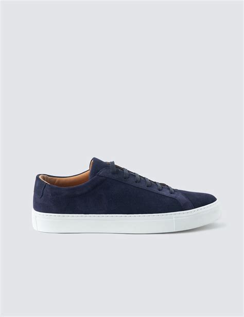 Suede And Leather Mens Trainers With Rubber Outsole In Navy Hawes And Curtis Uk