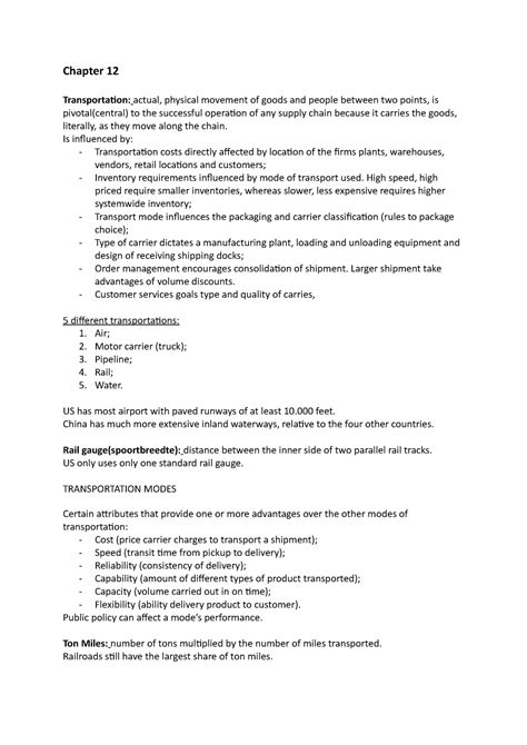 12 Chapter Logistics Year 1 Chapter 12 Transportation Actual Physical Movement Of Goods And