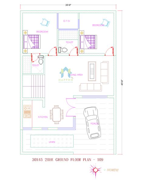 30x45 East Facing Plot 2 Bhk House Plan 109