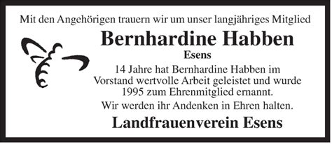 Traueranzeigen Von Bernhardine Habben Nordwest Trauer De