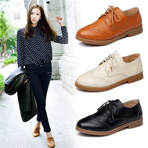 (BEIGE+BLACK)New 2015 Cowhide Casual Flat Shoes Genuine Leather Oxford Shoes For Women Fashion ...