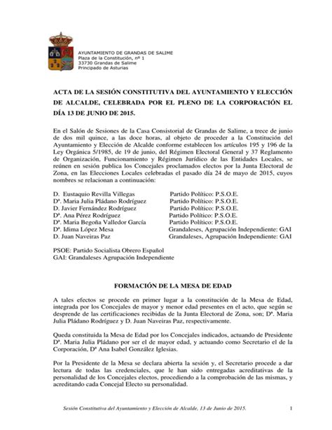 Acta De La Sesi N Constitutiva Del Ayuntamiento Y Elecci N De Alcalde