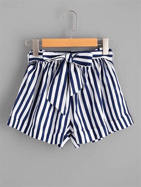 Romwe Striped Self Tie Waist Shorts Clothes For Women Tie Waist