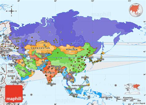 Political Simple Map of Asia, single color outside, borders and labels