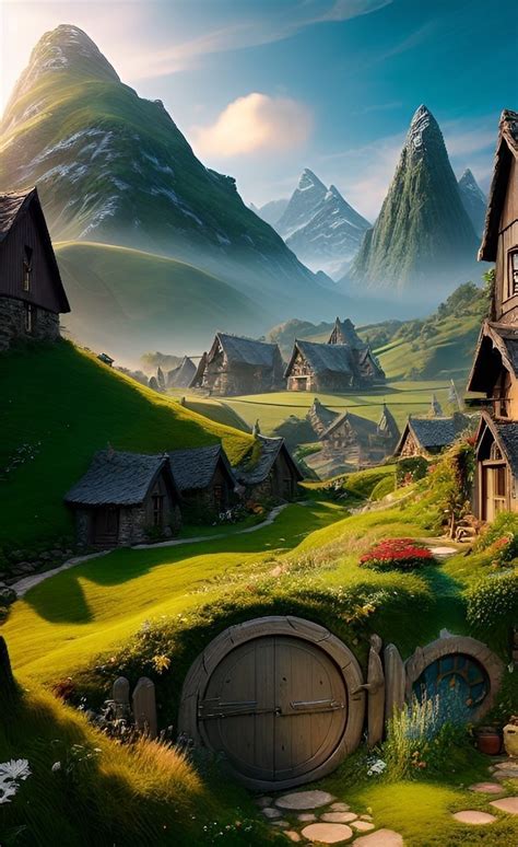 An Image Of A Fantasy Village With Mountains In The Backgrouds And