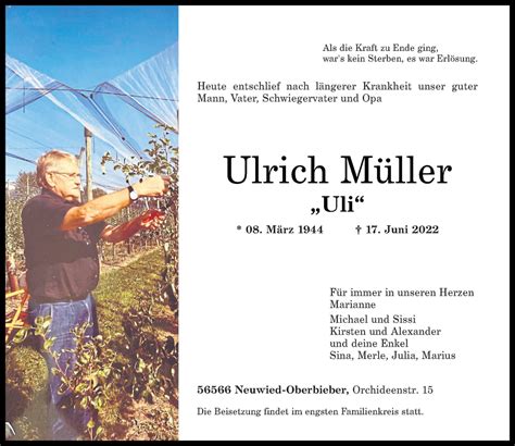 Traueranzeigen Von Ulrich M Ller Rz Trauer De