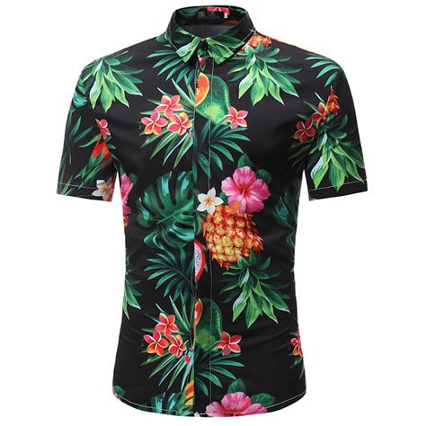 Pineapple Flower Printed Men Short Sleeve Fashion Shirts Turn Down