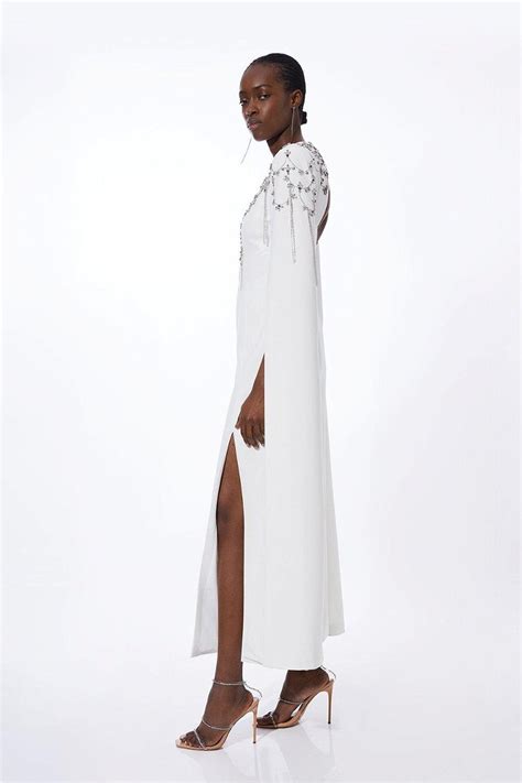 Karen Millen Crystal Embellished Cady Woven Cape Maxi Dress In Ivory