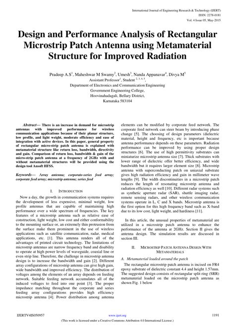 Pdf Design And Performance Analysis Of Rectangular Microstrip Patch