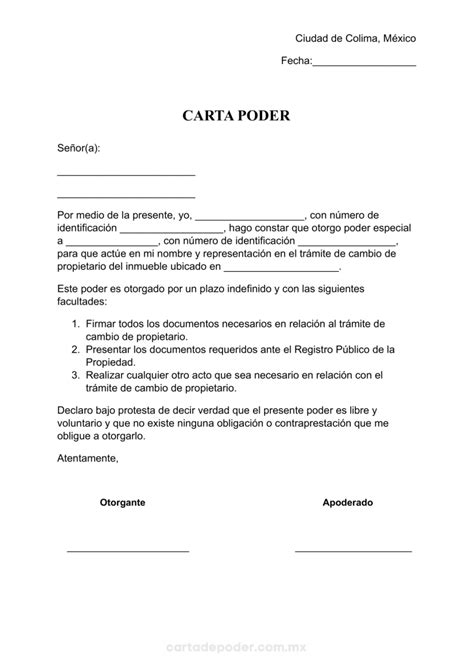 Carta Poder Para Cambio De Propietario Colima Word Y Pdf