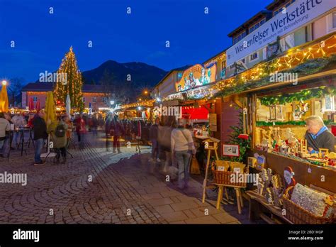 View Of Christmas Market At Dusk Garmisch Partenkirchen Bavaria