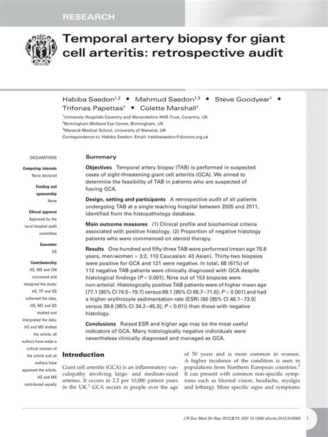 (PDF) Temporal artery biopsy for giant cell arteritis: retrospective audit